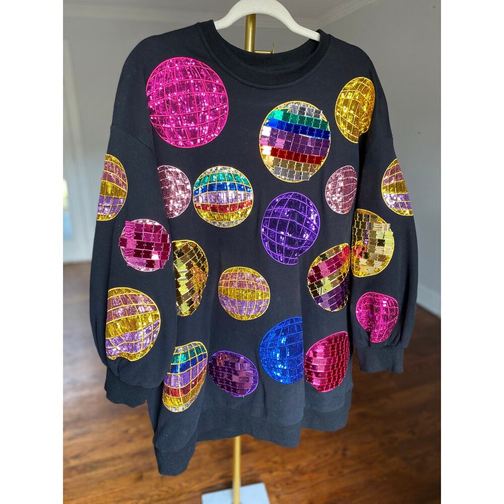 Queen of Sparkles Sweater Dress Sequin Disco Ball 3D Art to Wear Retro Valentine